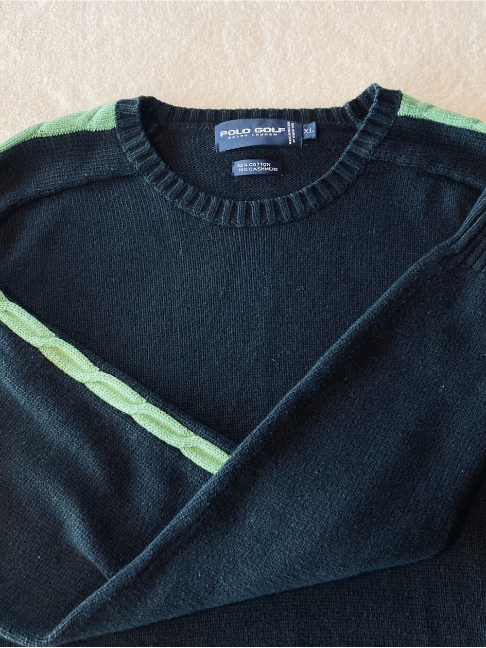 Polo Golf Ralph Lauren Cable Knit Sweater XL. Navy &Green Preppy Cotton/Cashmere